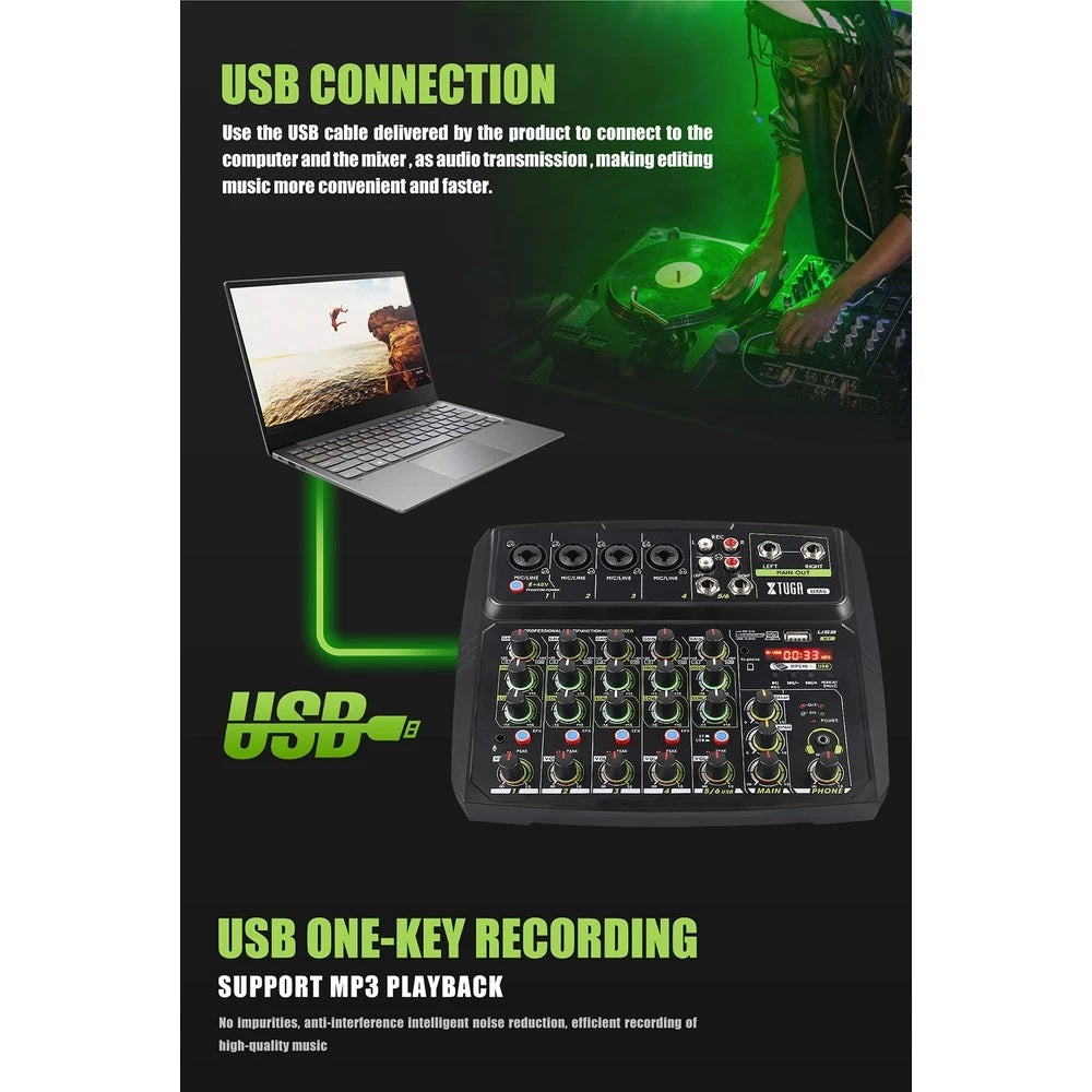 6 channel audio mixer with USB connection and laptop recording for DJ and live sound