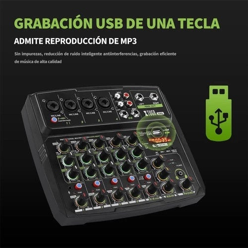 black 6 channel audio mixer with USB recording MP3 support multiple XLR and RCA inputs