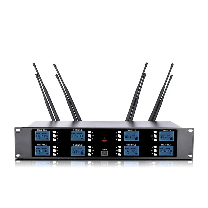 XTUGA A800 wireless conference mic system with four channels and adjustable antennas for clear audio.