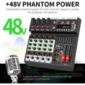 Audio mixer with DSP effects featuring 48V phantom power for condenser microphones