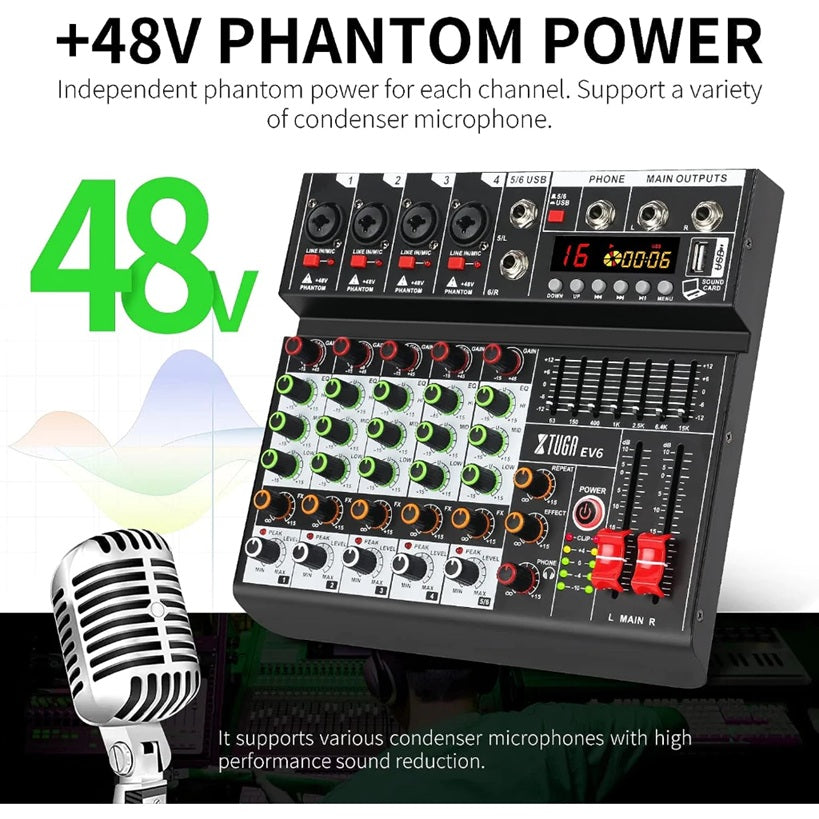 Audio mixer with DSP effects featuring 48V phantom power for condenser microphones