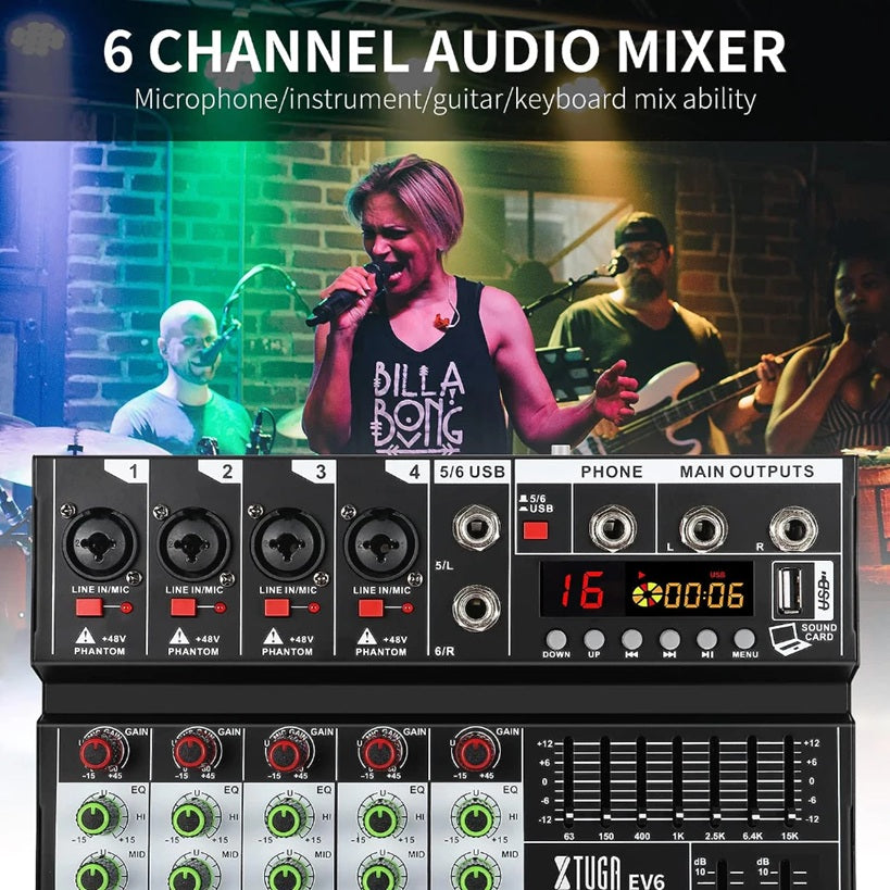 6 Channel Audio Mixer with DSP effects for microphones and instruments