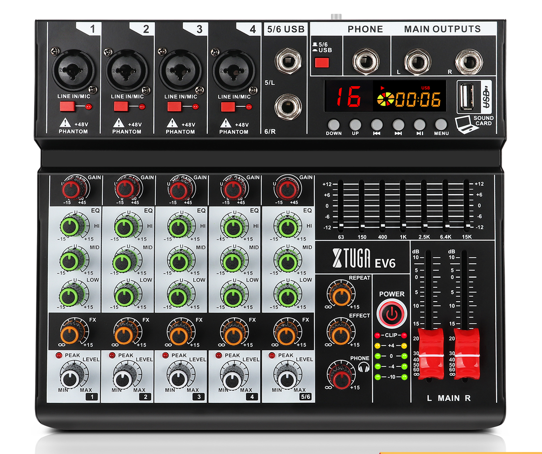 Audio mixer with DSP effects featuring multiple channels and USB connectivity