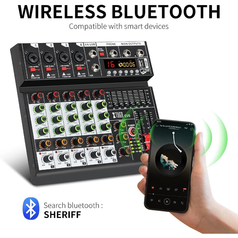 Audio mixer with DSP effects featuring Bluetooth connectivity for wireless streaming