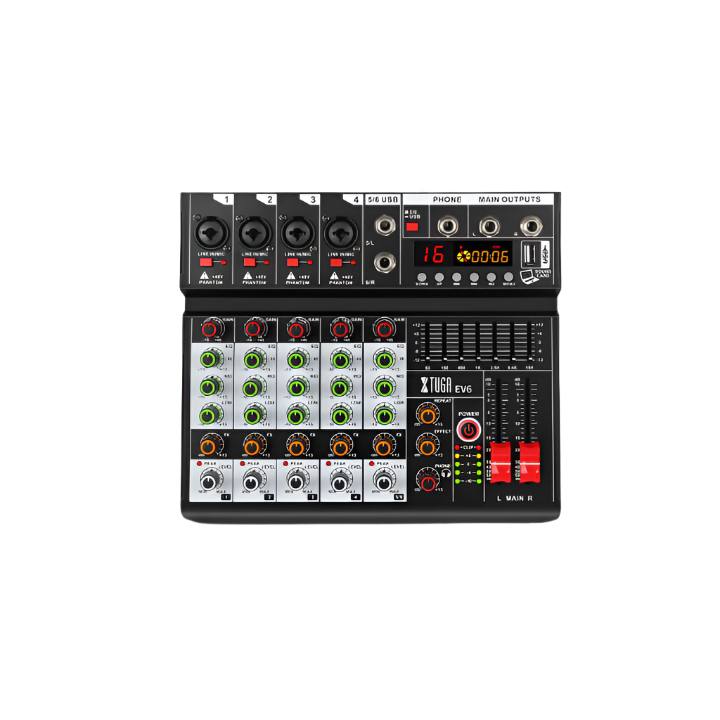 Audio mixer with DSP effects featuring multiple channels and USB connectivity