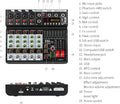 Audio mixer with DSP effects featuring multiple input channels and USB connectivity