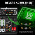 Audio mixer with DSP effects featuring reverb adjustment and multiple input options