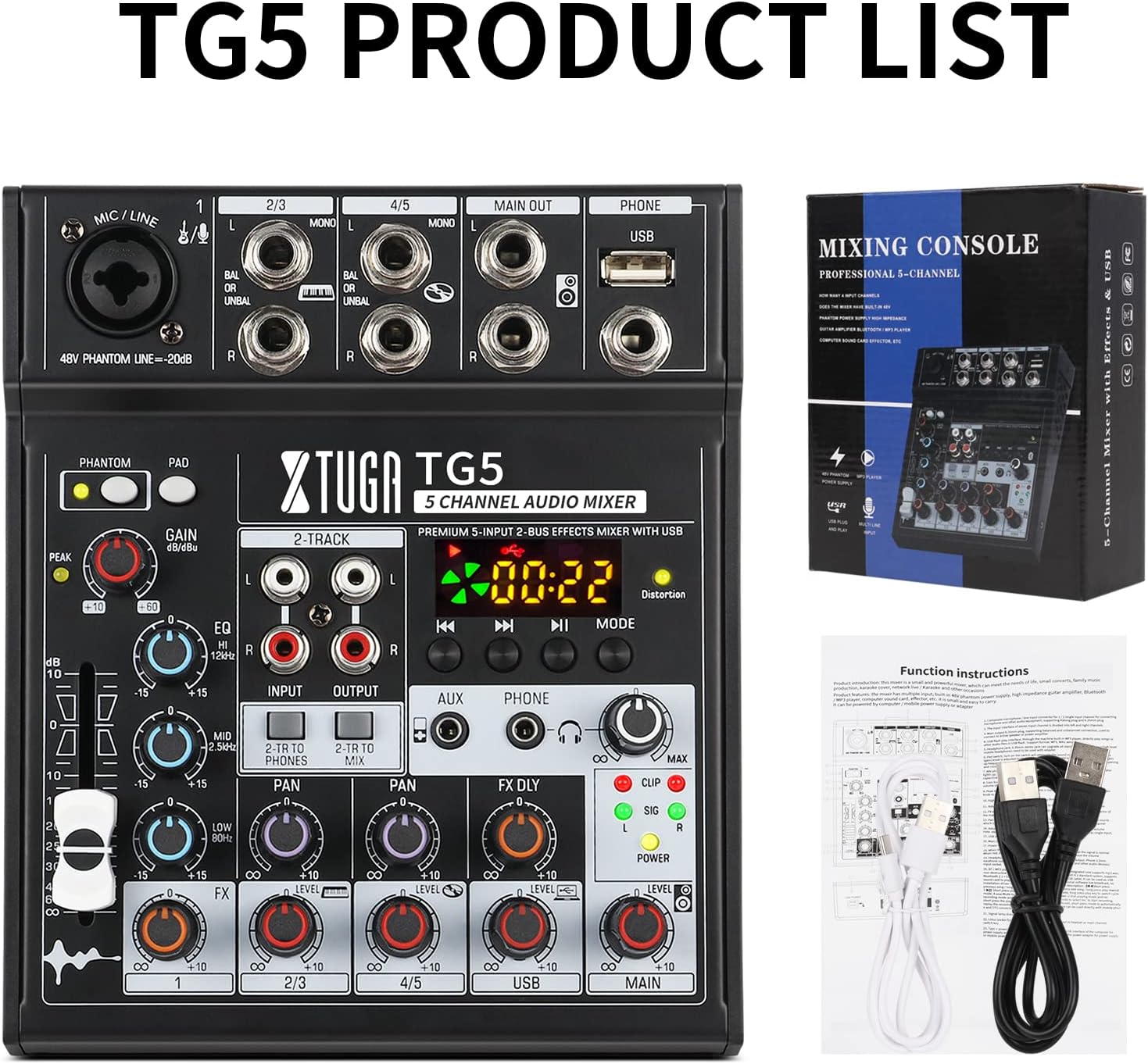 XTUGA TG5 5 Channel Audio Mixer with USB and Bluetooth Audio Mixer Functionality for Professional Use