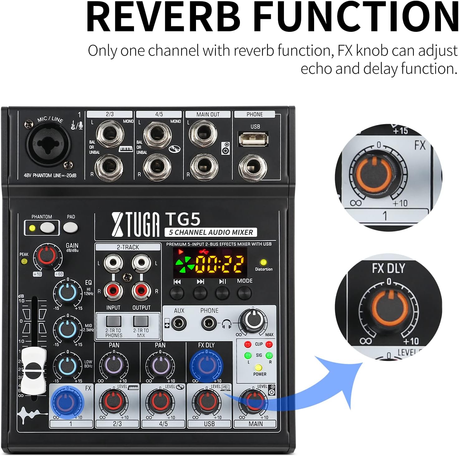 XTUGA TG5 5 Channel Bluetooth Audio Mixer with Reverb Function and FX Control Knob