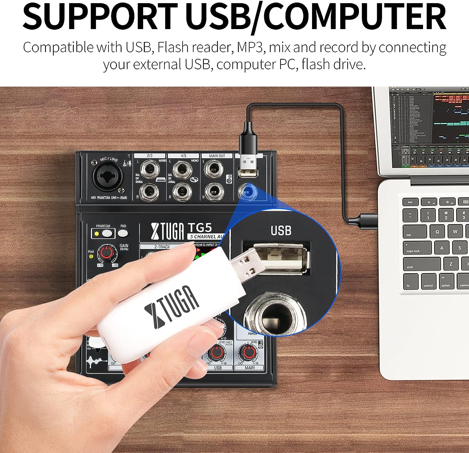 Bluetooth Audio Mixer with USB connectivity for external devices and versatile audio mixing capabilities