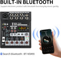 Bluetooth audio mixer with echo and reverb effects featuring a 6-channel setup and Bluetooth connectivity