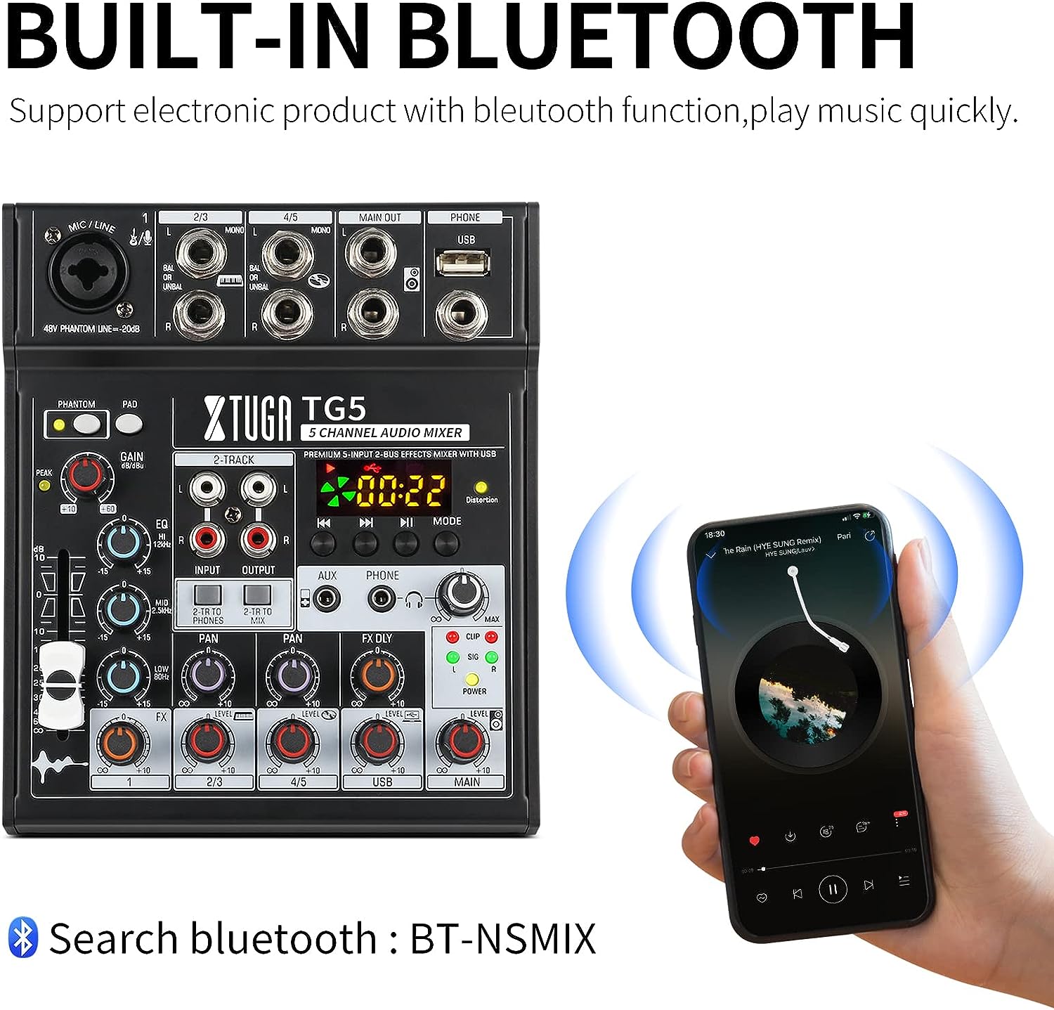 Bluetooth audio mixer with echo and reverb effects featuring a 6-channel setup and Bluetooth connectivity
