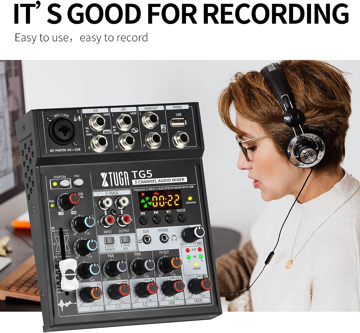 VMIDirect Bluetooth audio mixer with echo and reverb effects, featuring multiple channels and user-friendly controls