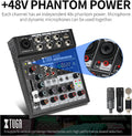 Bluetooth audio mixer with echo and reverb effects featuring independent 48V phantom power for dynamic and condenser microphones