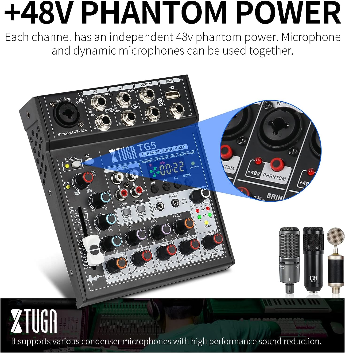 Bluetooth audio mixer with echo and reverb effects featuring independent 48V phantom power for dynamic and condenser microphones