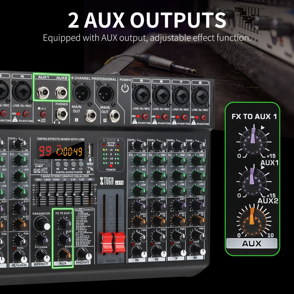 Bluetooth USB MP3 mixing console with 2 AUX outputs and adjustable effects for audio mixing