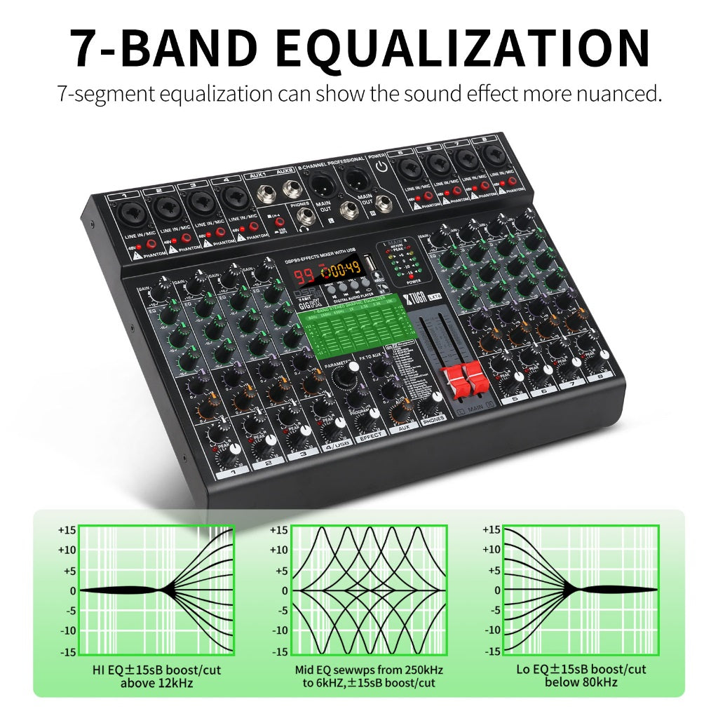 7-Band Equalization Bluetooth USB MP3 mixing console for precise sound adjustment