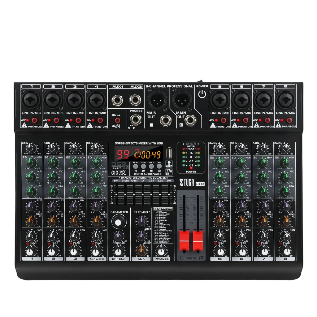 Bluetooth USB MP3 mixing console with multiple channels and effects controls for audio professionals