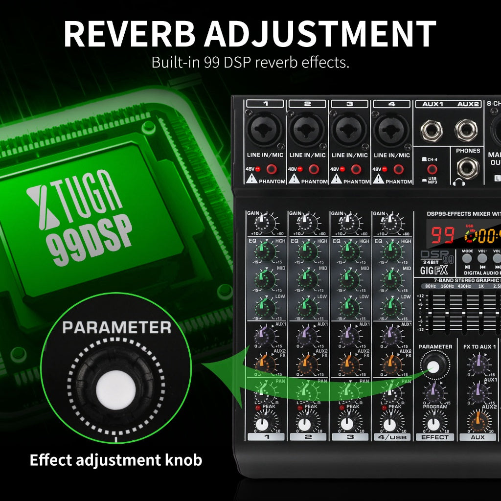 Bluetooth USB MP3 mixing console with built-in 99 DSP reverb adjustment features