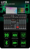 LXT8 Professional Audio Mixer with Bluetooth USB MP3 mixing console and 7-band EQ for versatile sound mixing