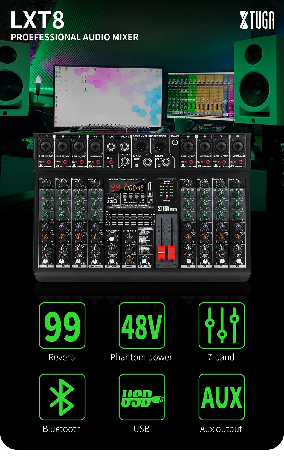 LXT8 Professional Audio Mixer with Bluetooth USB MP3 mixing console and 7-band EQ for versatile sound mixing