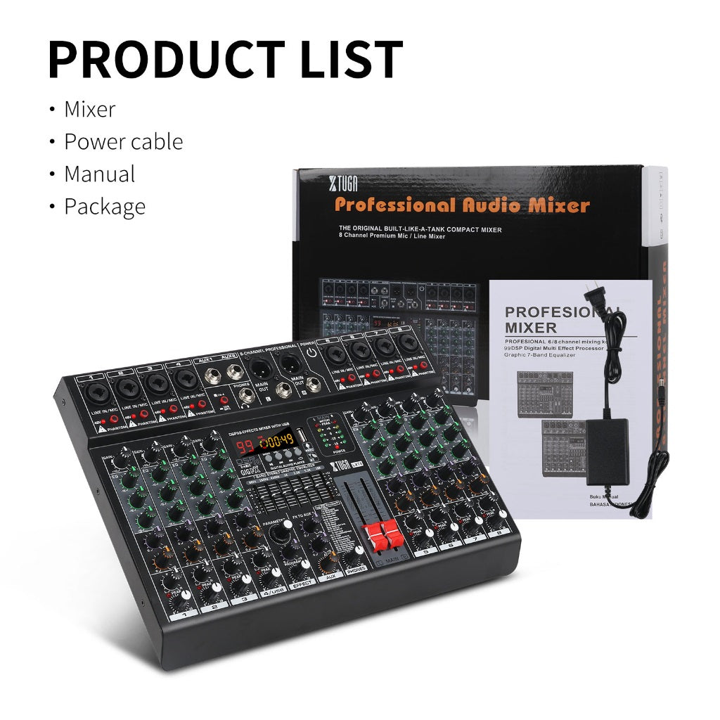 Bluetooth USB MP3 mixing console with multiple channels and effects controls for audio professionals