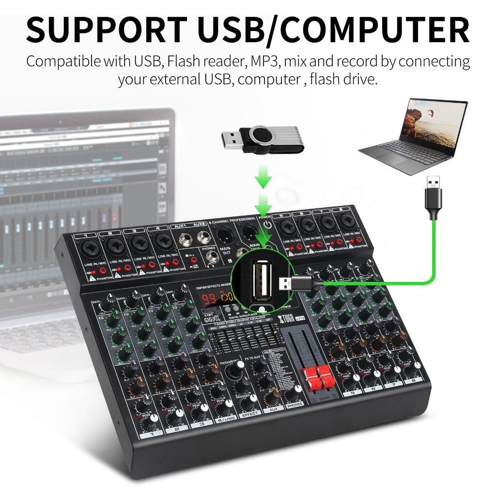 Bluetooth USB MP3 mixing console with multiple input channels and USB connectivity