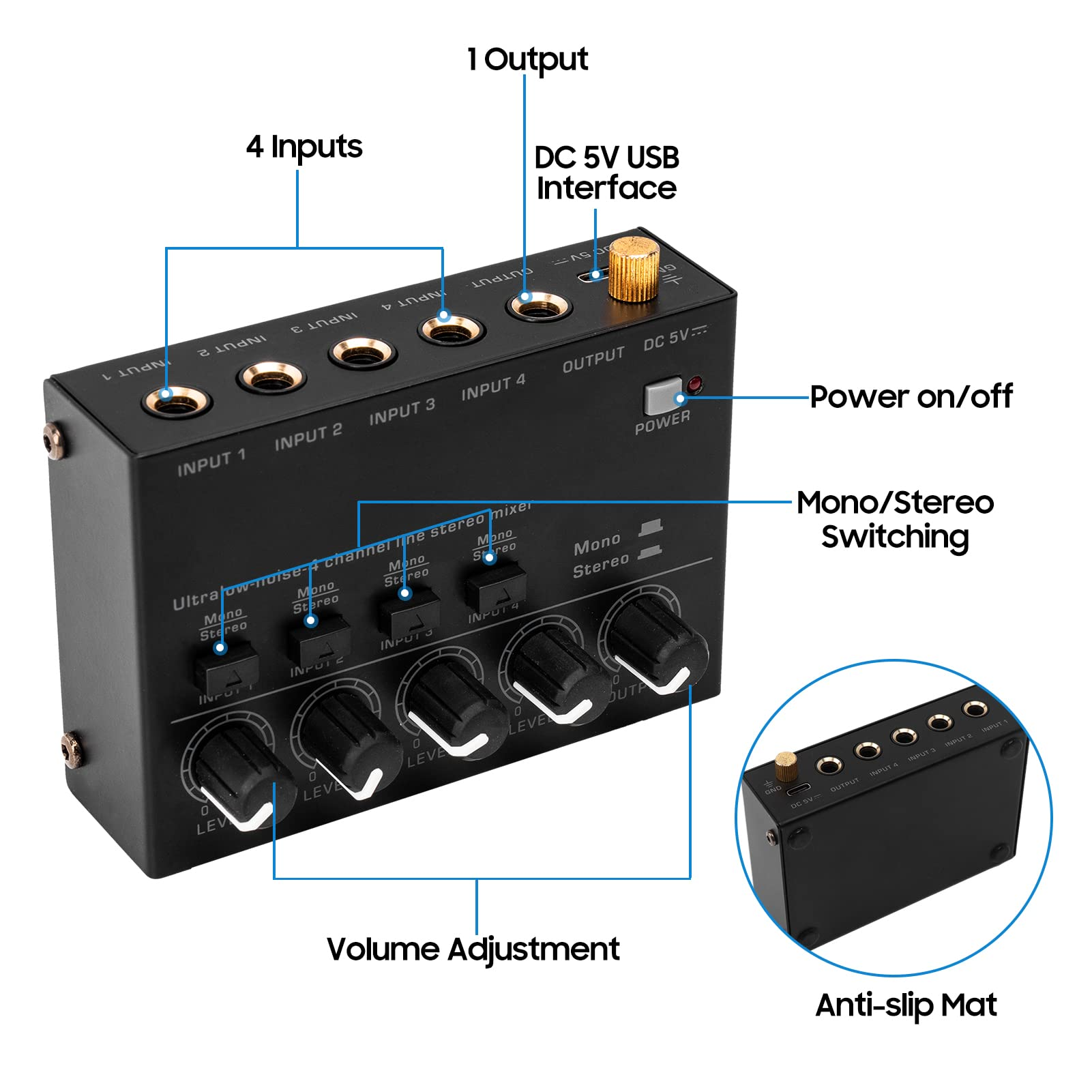 DC 5V microphone guitar keyboard mixer with four inputs, volume control, and USB interface