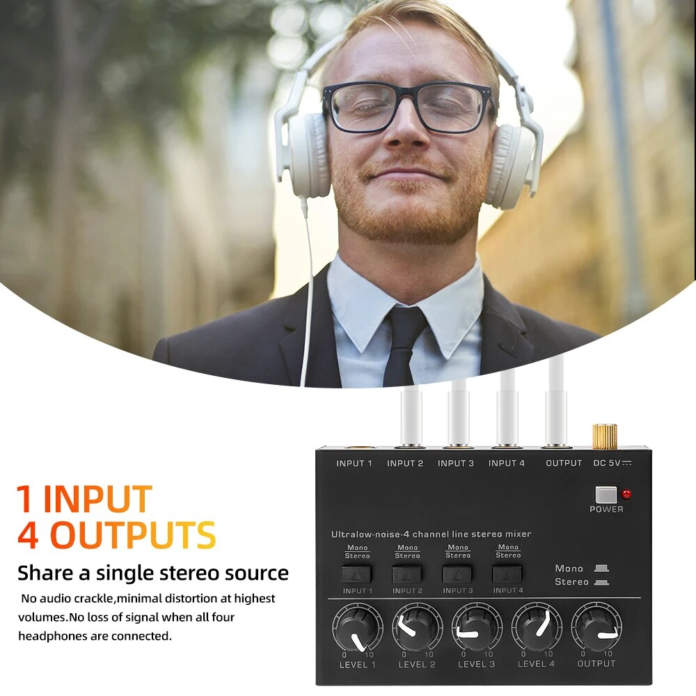 DC 5V microphone guitar keyboard mixer with 1 input and 4 outputs for audio sharing