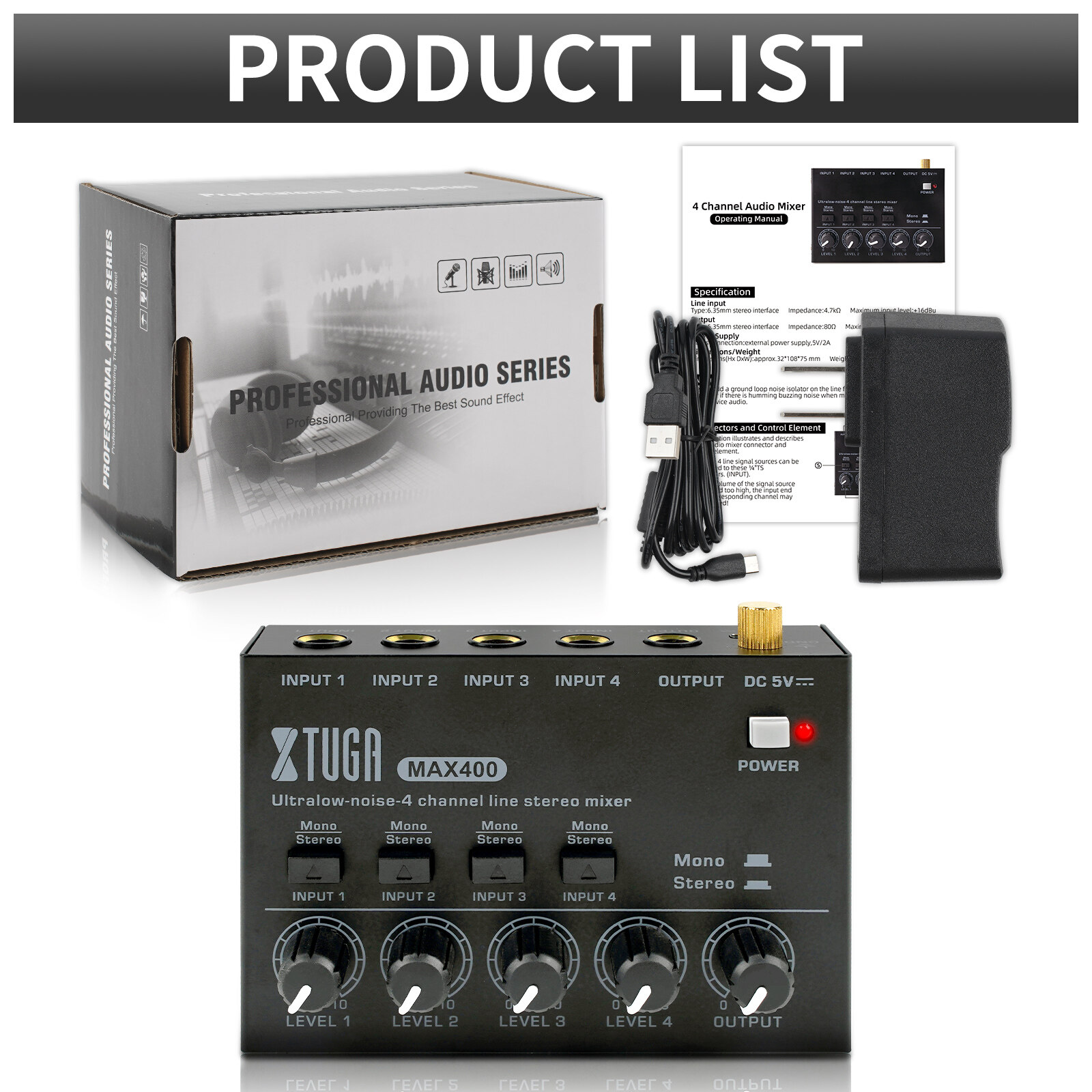 XTUGA MAX400 4-Channel Audio Mixer with USB and DC 5V microphone guitar keyboard mixer capabilities