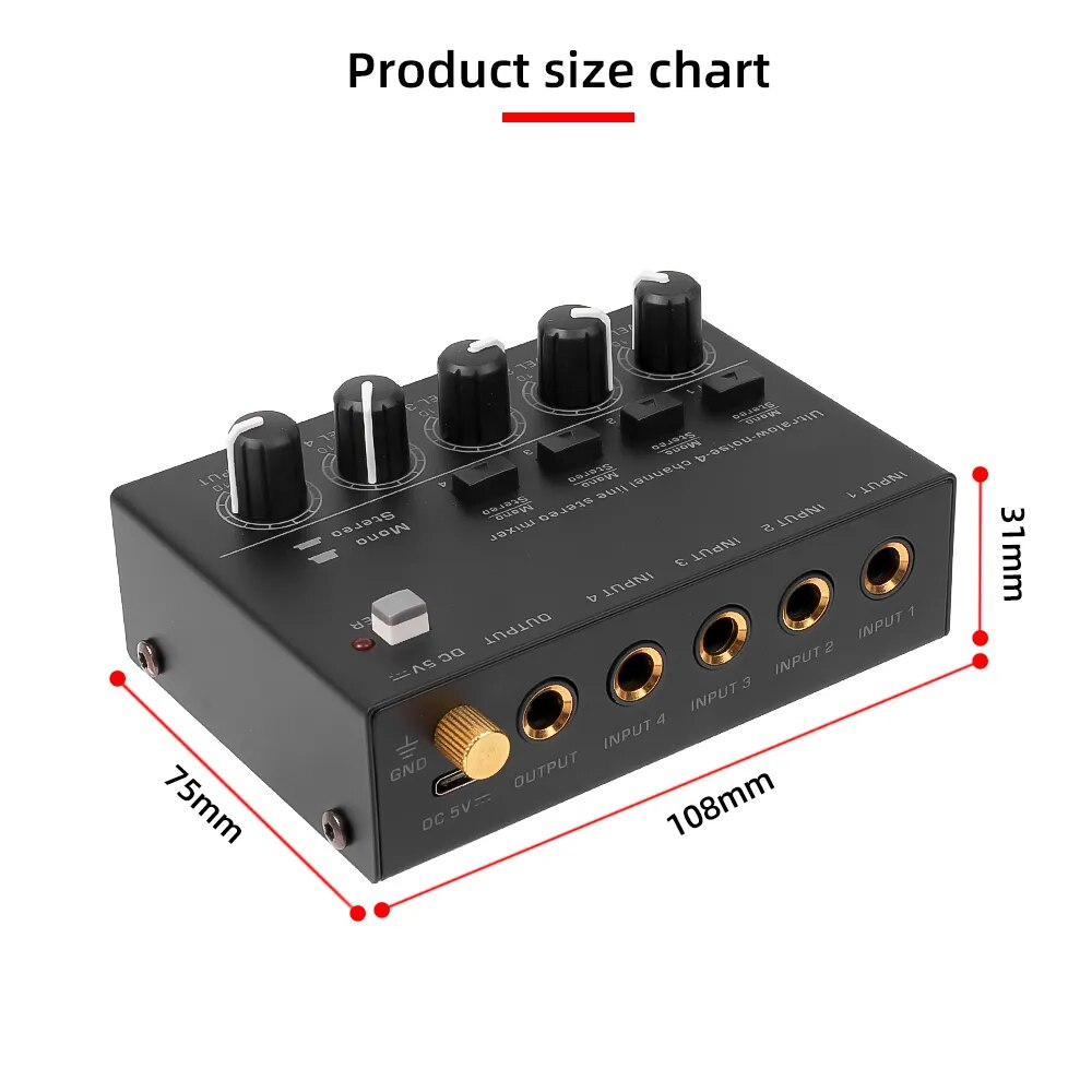 Compact VMIDirect DC 5V microphone guitar keyboard mixer with multiple input options and volume controls