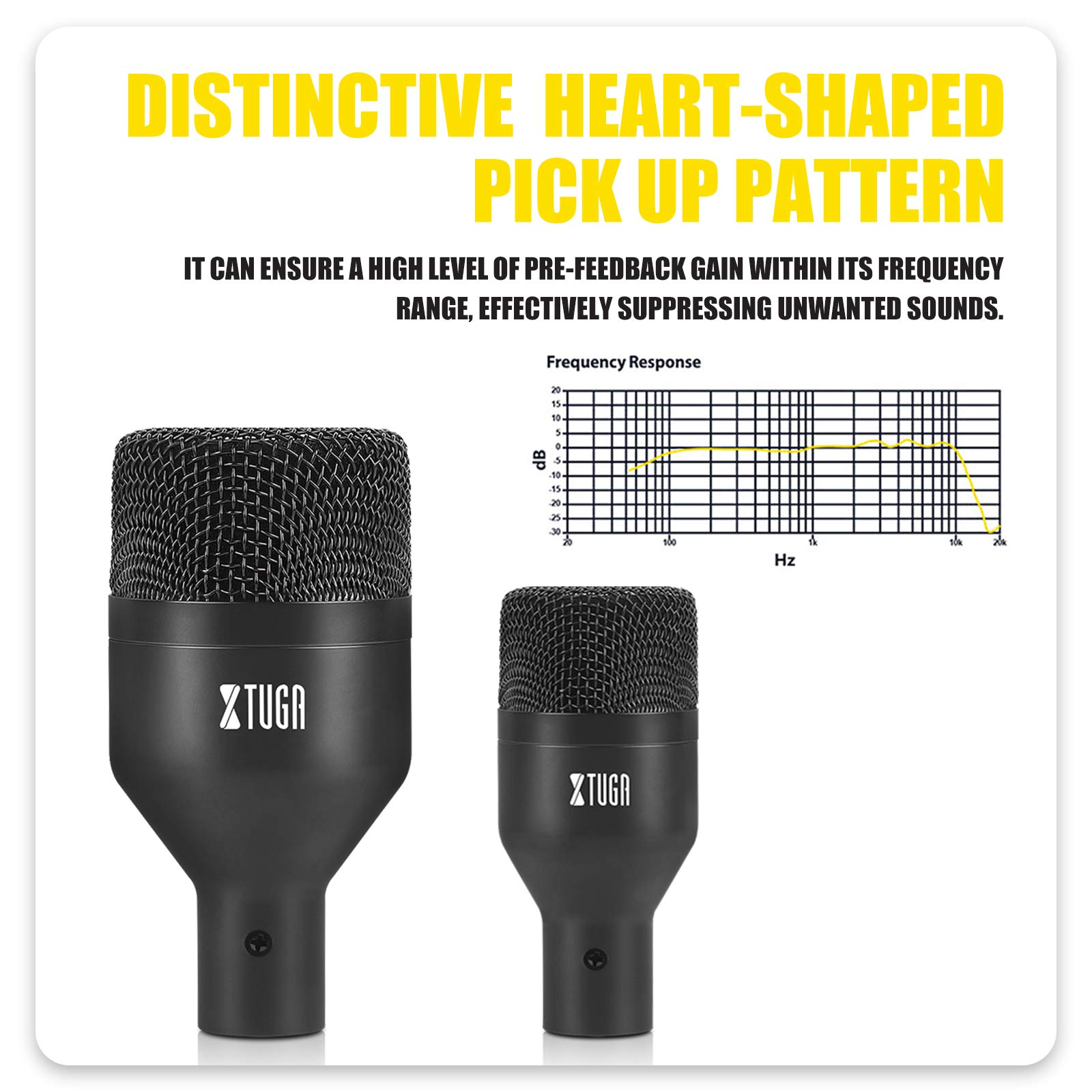 XTUGA DI7 drum mic kit featuring heart-shaped pickup pattern for high feedback gain and sound isolation