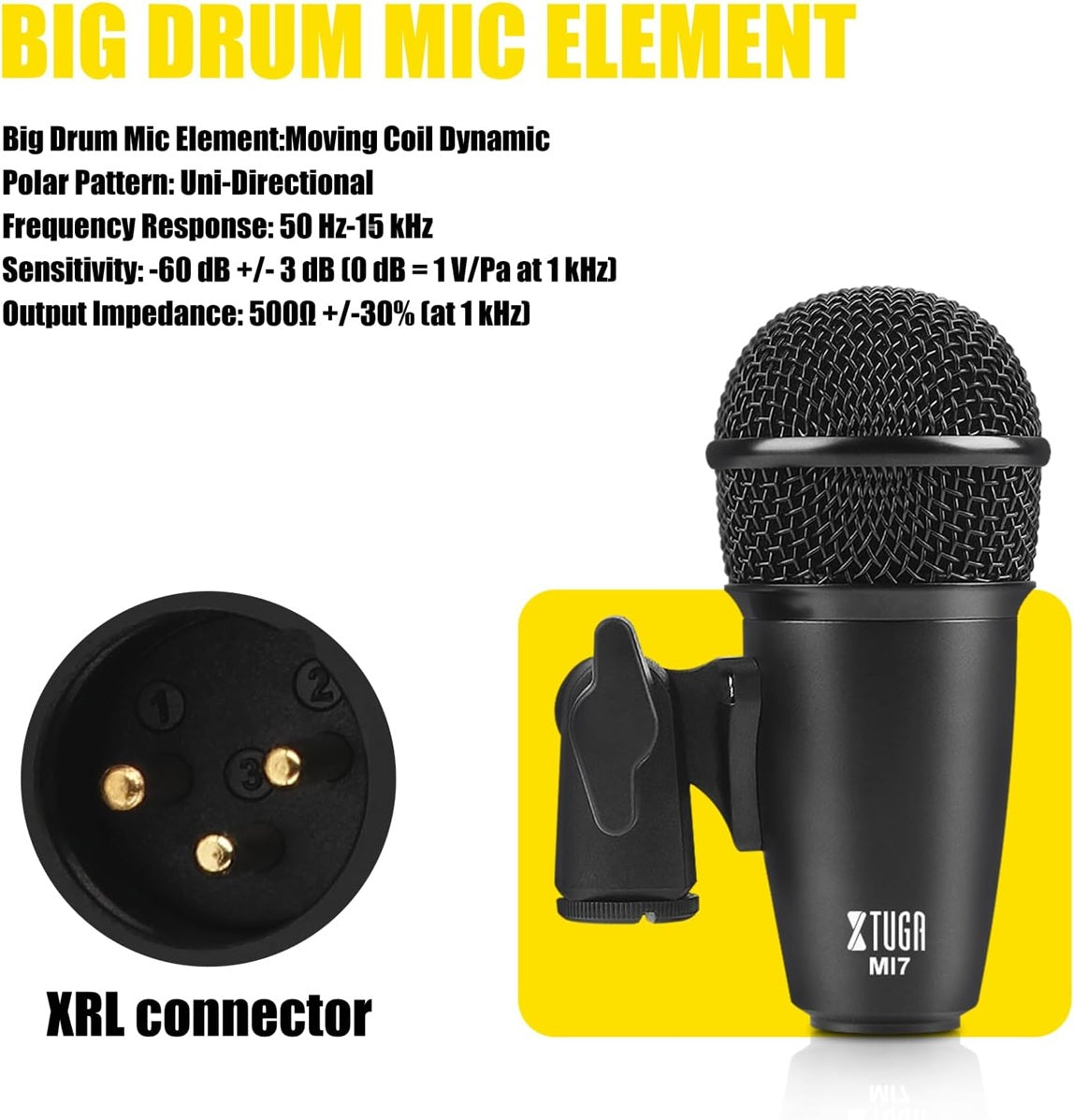 Dynamic drum mic kit featuring a moving coil dynamic mic element with uni-directional polar pattern