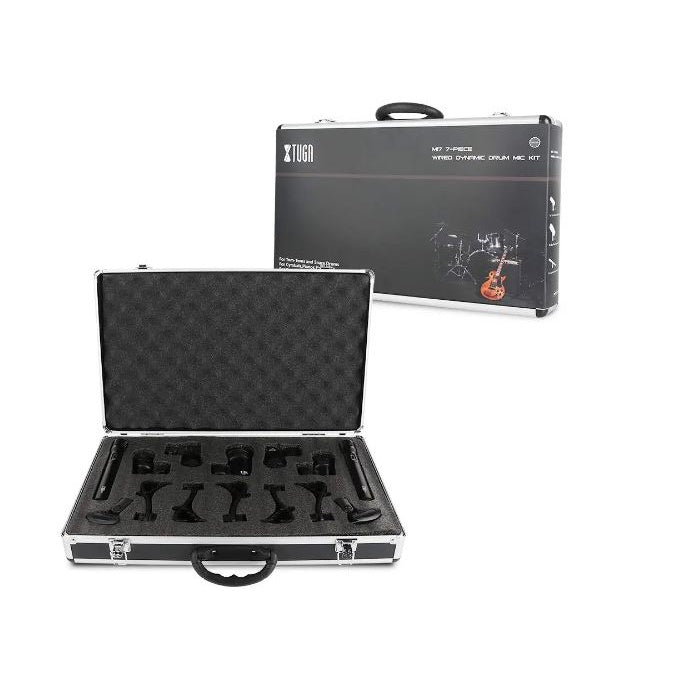 Dynamic drum mic kit in a sturdy case with various microphones for professional sound recording
