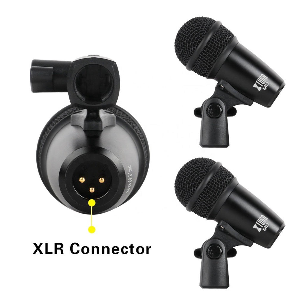 Dynamic drum mic kit featuring XLR connectors and sturdy mounts for professional sound recording