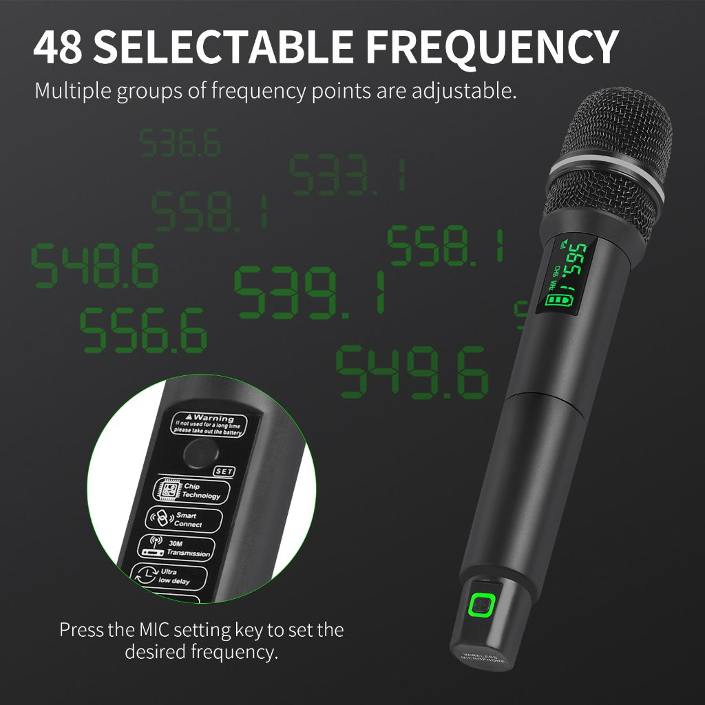 XTUGA handheld microphone with receiver featuring 48 selectable frequencies for clear audio performance