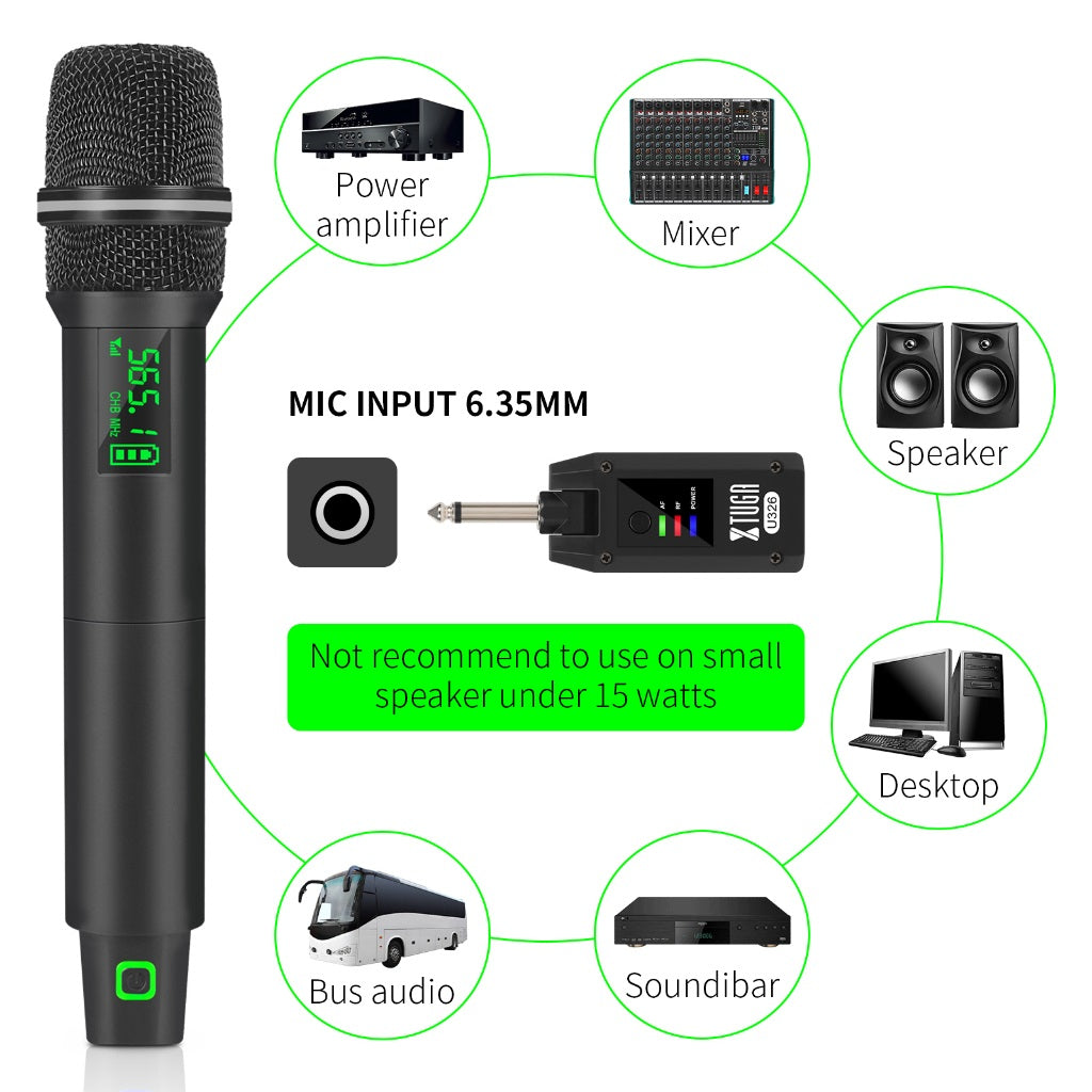 XTUGA handheld microphone with receiver featuring user-friendly controls and compatibility with various audio devices