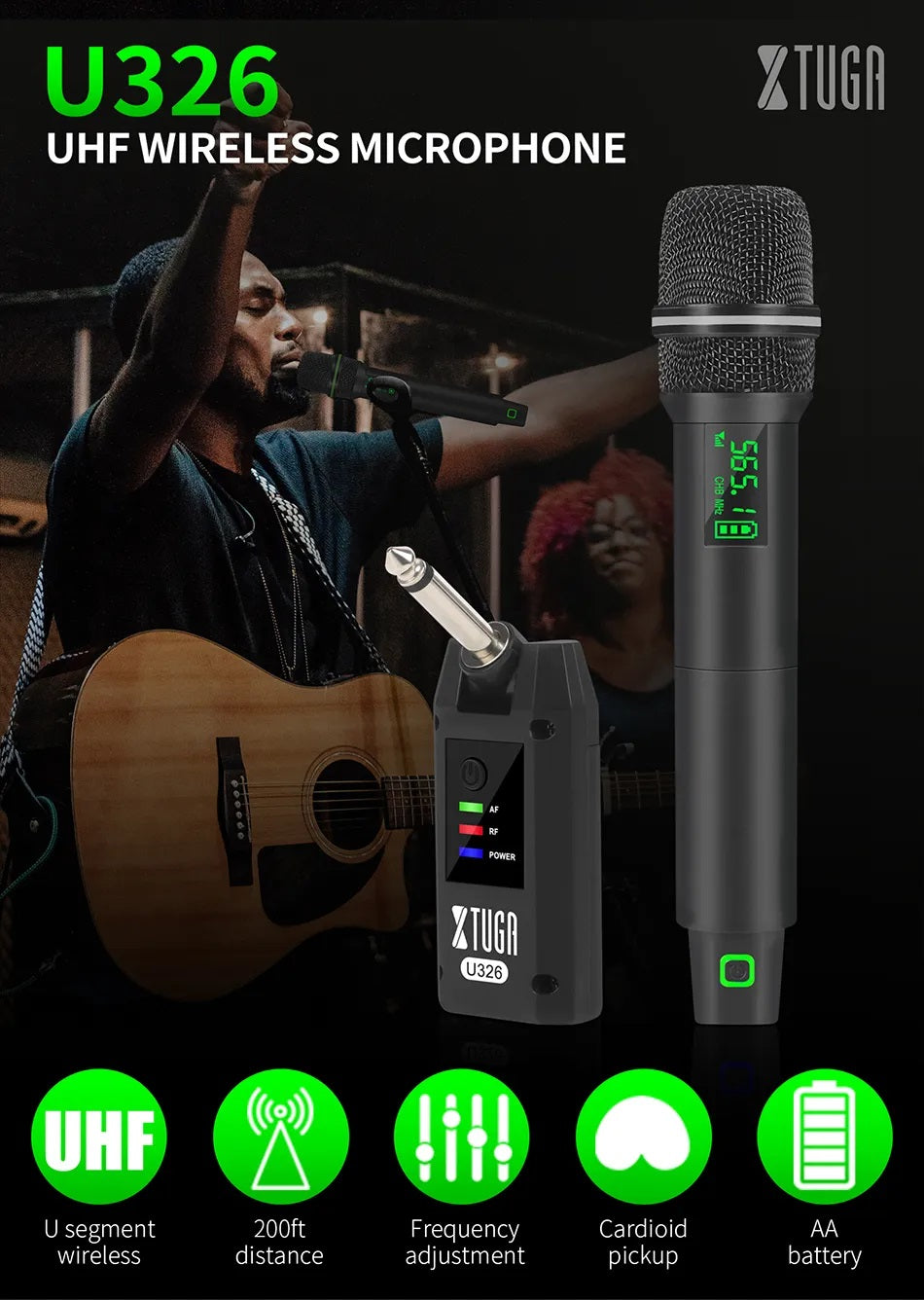 XTUGA handheld microphone with receiver featuring UHF technology and a 200-foot range for clear sound
