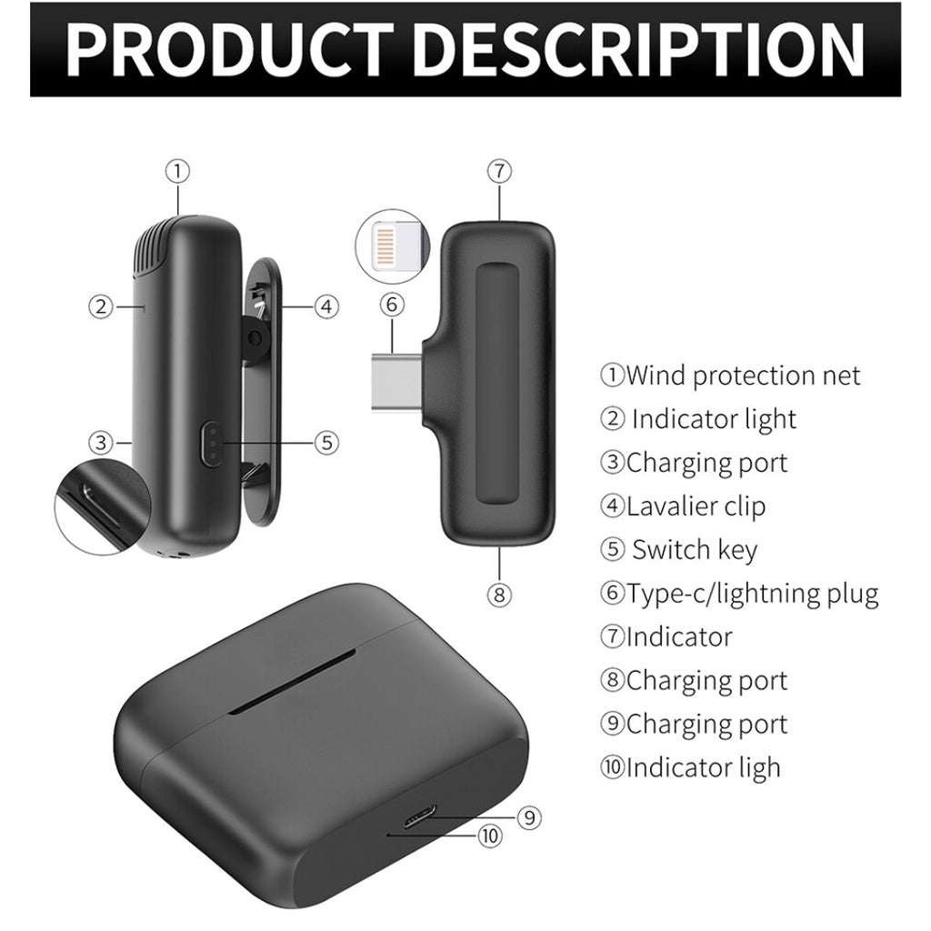 XTUGA J13 wireless microphone for iPhone and Android with wind protection and charging ports