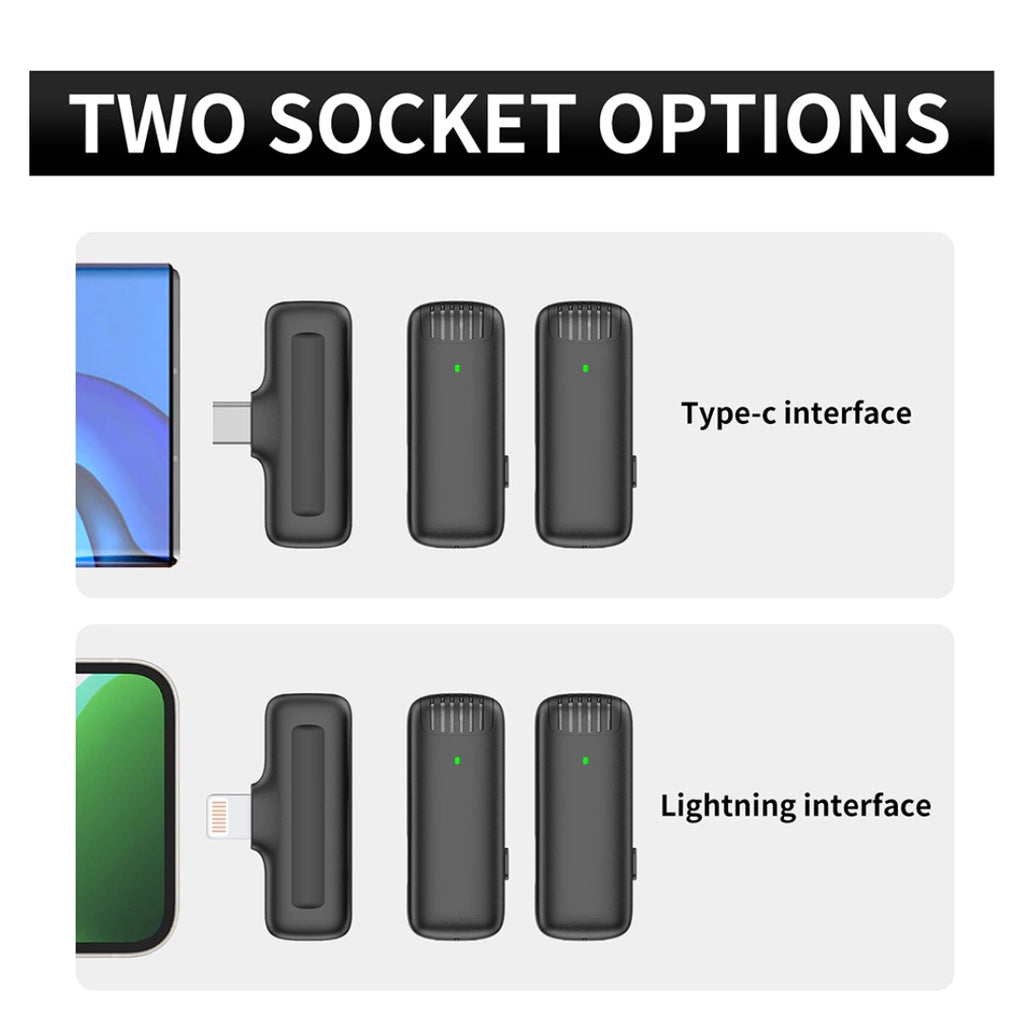 XTUGA J13 wireless microphone for iPhone and Android showing two socket options: Type-C and Lightning interfaces