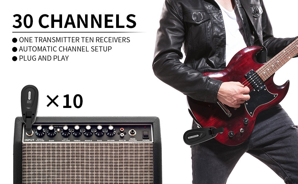 XTUGA JTSY23 transmitter and receiver with 30 channels for seamless wireless guitar performance