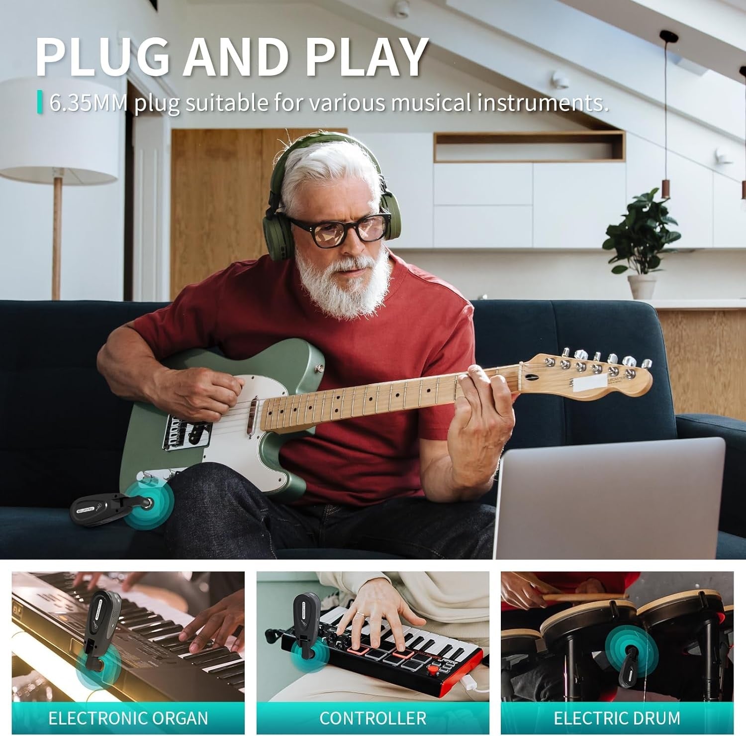XTUGA JTSY23 transmitter and receiver used with a guitar in a cozy living room setting