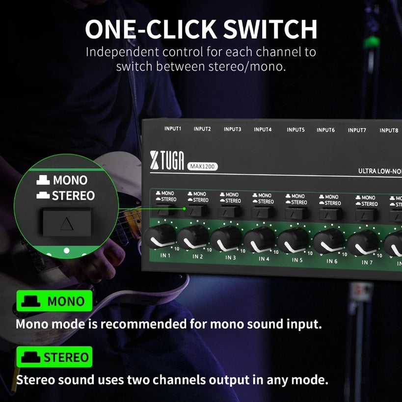 XTUGA MAX1200 mini sound mixer with one-click switch for mono and stereo audio control