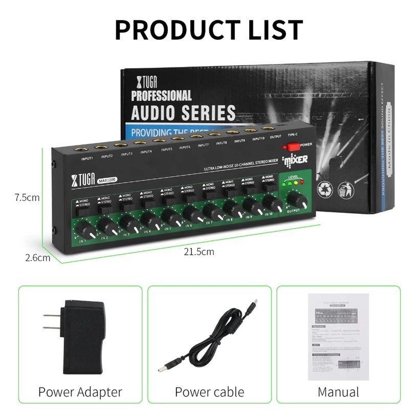 XTUGA MAX1200 mini sound mixer featuring multiple channels and a user-friendly design
