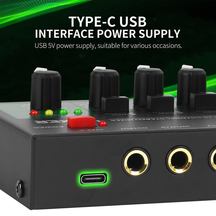 XTUGA MAX1200 mini sound mixer with Type-C USB power supply and adjustable knobs for versatile audio control