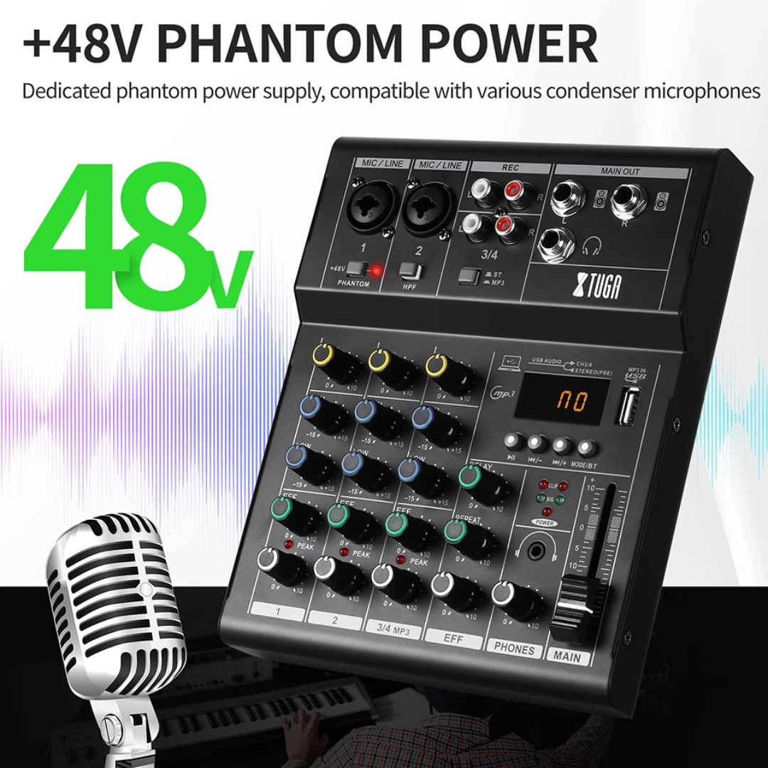 XTUGA N4 4-Channel Professional Audio Mixer with 48V Phantom Power and various input options