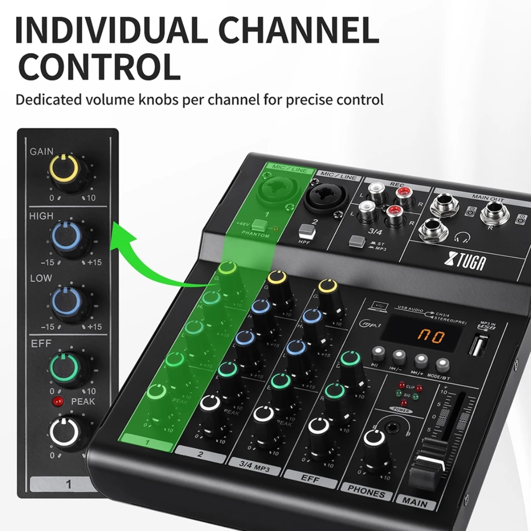 XTUGA N4 4-Channel Professional Audio Mixer with individual channel volume control knobs