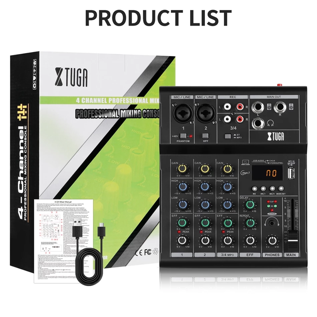 XTUGA N4 4-Channel Professional Audio Mixer with USB and effect controls