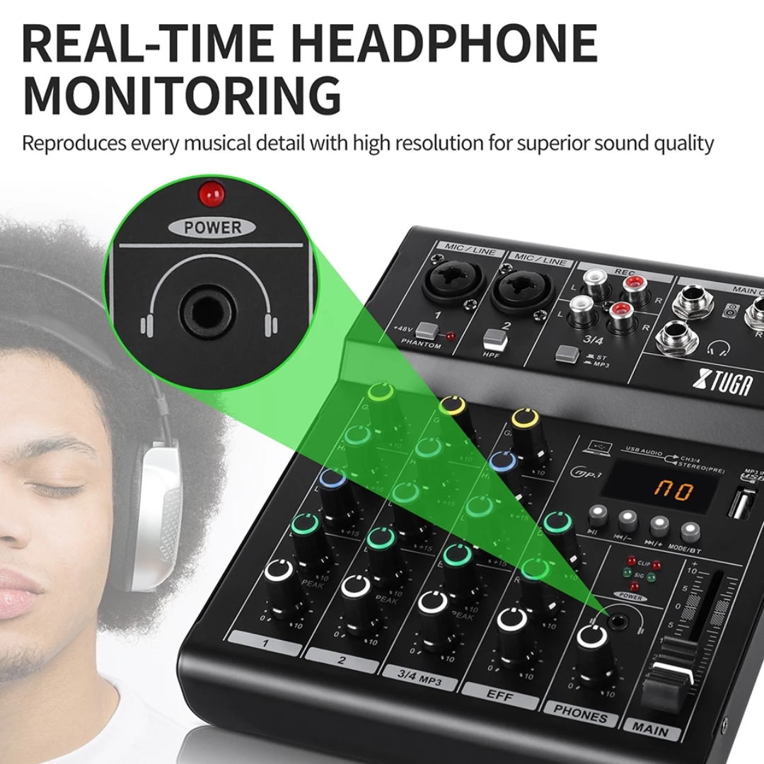 XTUGA N4 4-Channel Professional Audio Mixer with real-time headphone monitoring and high-resolution sound