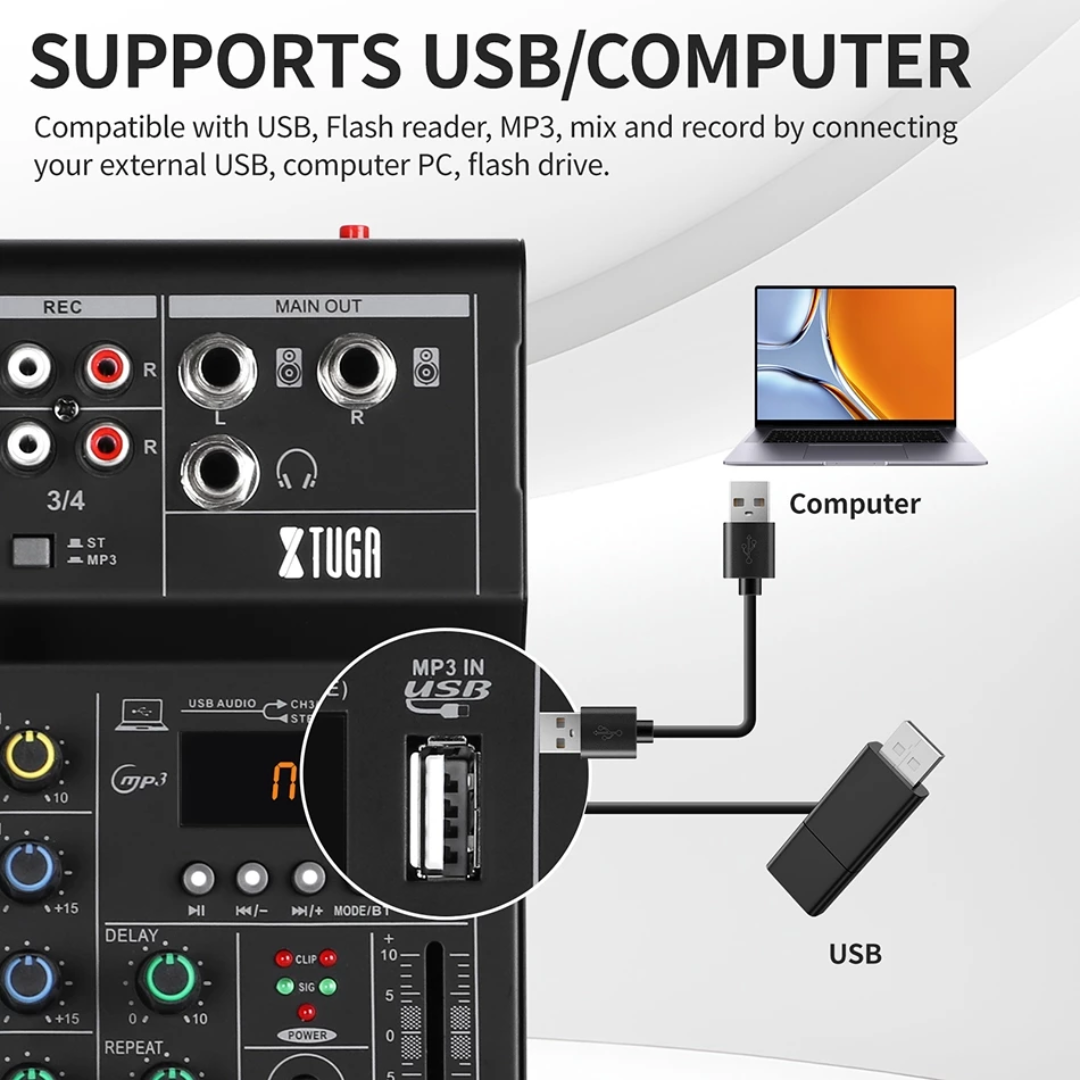 XTUGA N4 4-Channel Professional Audio Mixer with USB and computer connectivity options
